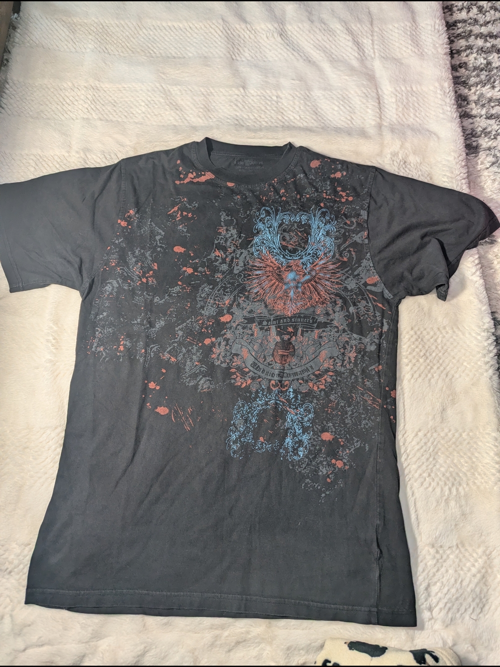 Men's Short Sleeve Graphic Crew Tee in Black with Blue & Rust Accents